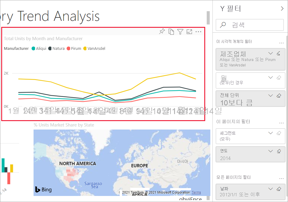 시각화 및 해당 필터가 표시된 보고서의 스크린샷.