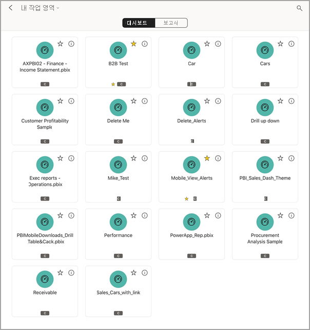 대시보드가 선택된 내 작업 영역이 표시된 iPad 화면을 보여 주는 스크린샷.