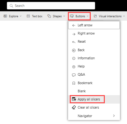 Power BI 서비스의 모든 슬라이서 단추 컨트롤 적용을 보여 주는 스크린샷.