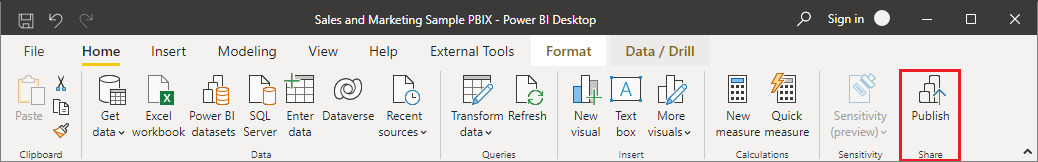 게시가 강조 표시된 Power BI 홈 리본 스크린샷