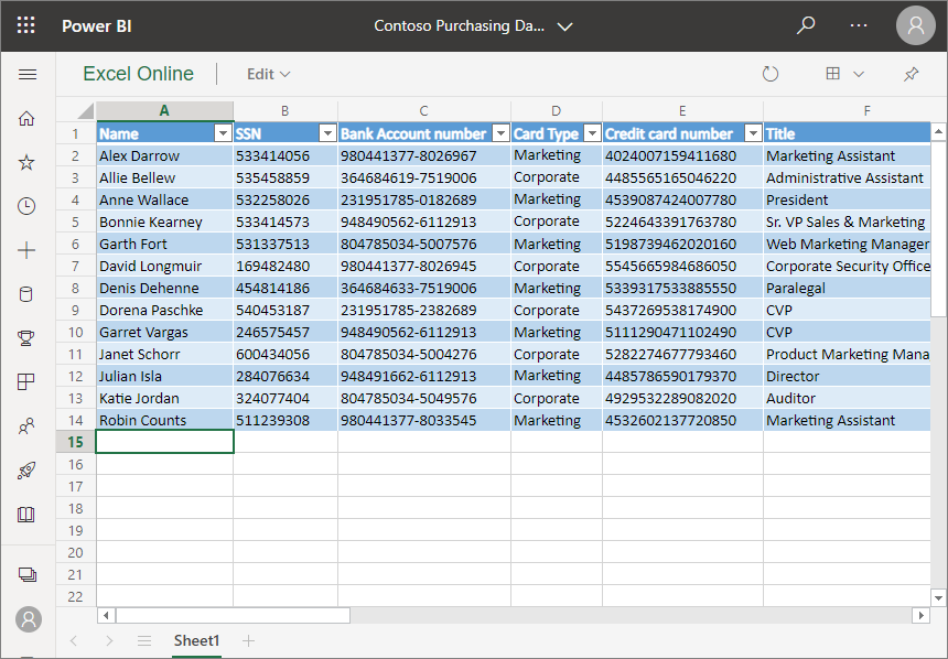 Power BI의 Excel Online을 보여주는 스크린샷.