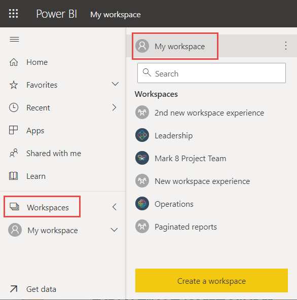 새로 만들기 및 의미 체계 모델을 강조 표시하는 Power BI 서비스의 스크린샷.