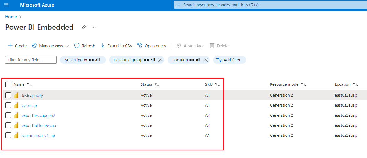 Azure Portal의 Power BI Embedded 용량 목록 스크린샷