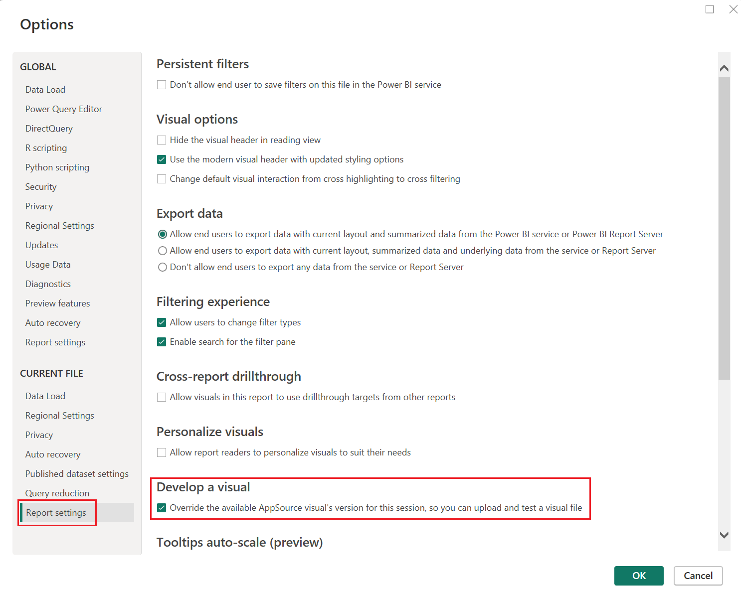 Power BI Desktop에서 사용하도록 설정된 개발자 모드 스크린샷.