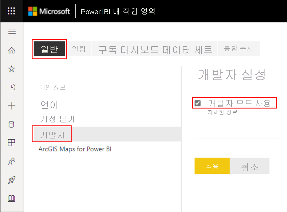 Power BI 설정, 일반 탭에서 사용 설정한 개발자 모드의 스크린샷