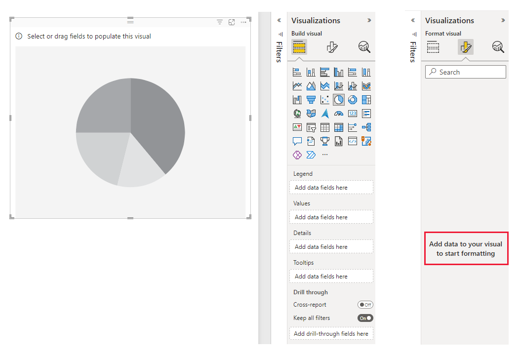 시각화 창의 빈 데이터 및 비활성 시각적 개체 설정이 표시된 Power BI 시각적 개체 스크린샷