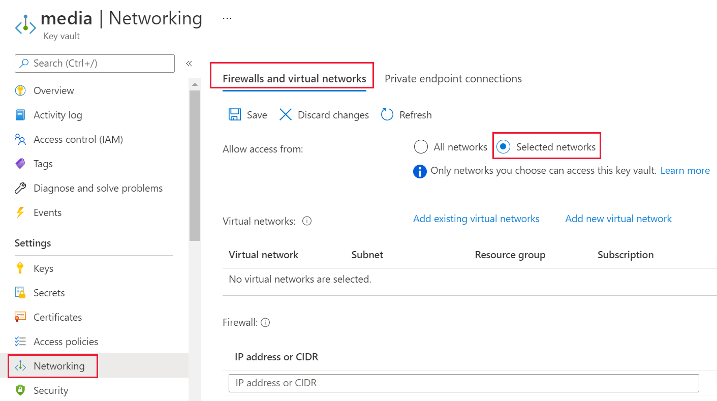 방화벽 및 가상 네트워크 옵션이 선택된 Azure Key Vault 네트워킹 옵션의 스크린샷.