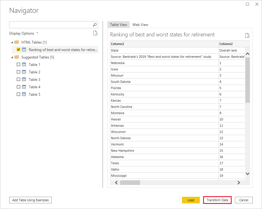 가져온 데이터의 테이블 표시를 보여 주는 Power BI Desktop의 스크린샷.