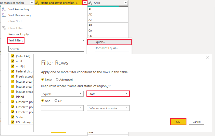 Power Query 편집기의 행 필터링 쿼리 상자를 보여 주는 Power BI Desktop의 스크린샷.