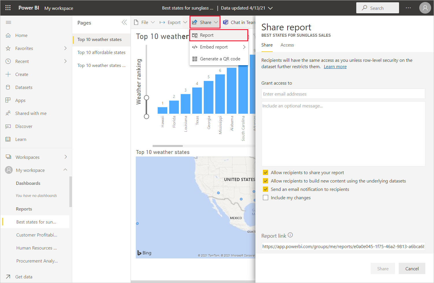 보고서 공유 화면을 보여 주는 Power BI Desktop의 스크린샷.