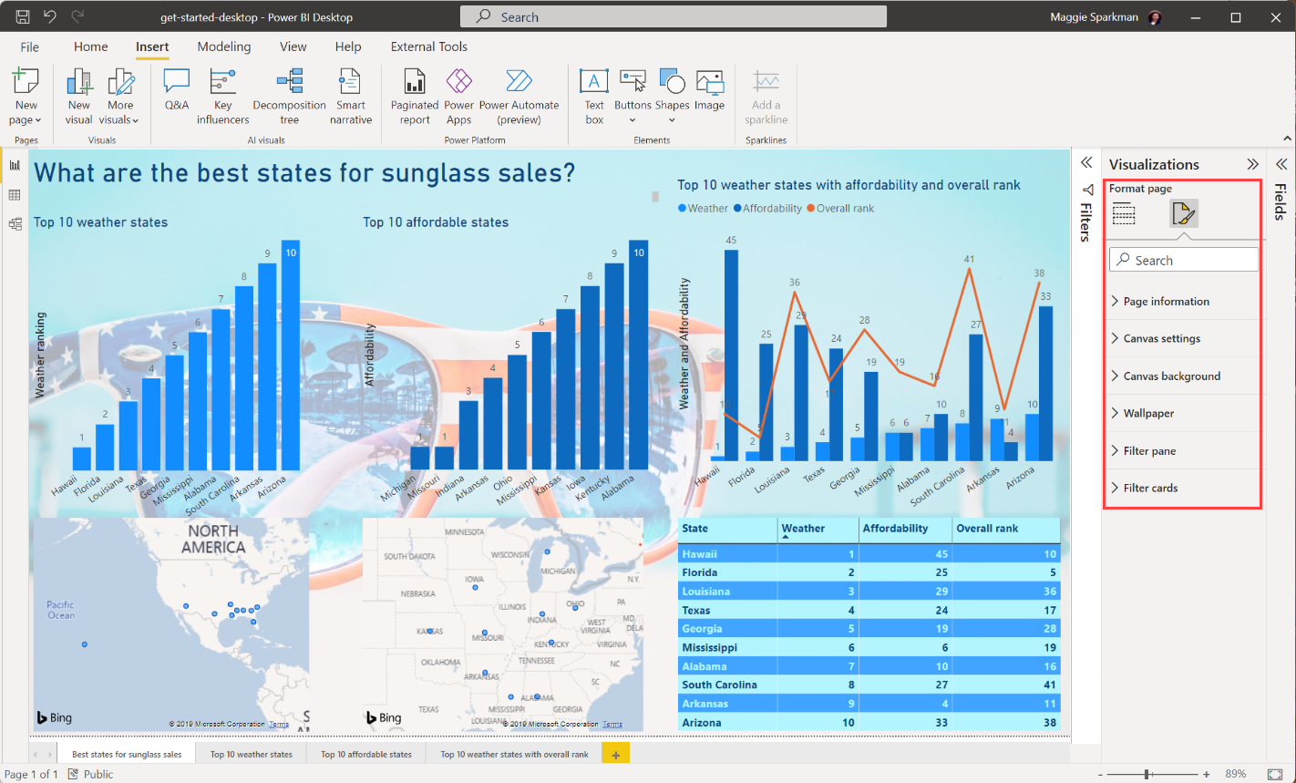 완성된 보고서 페이지를 보여 주는 Power BI Desktop의 스크린샷.