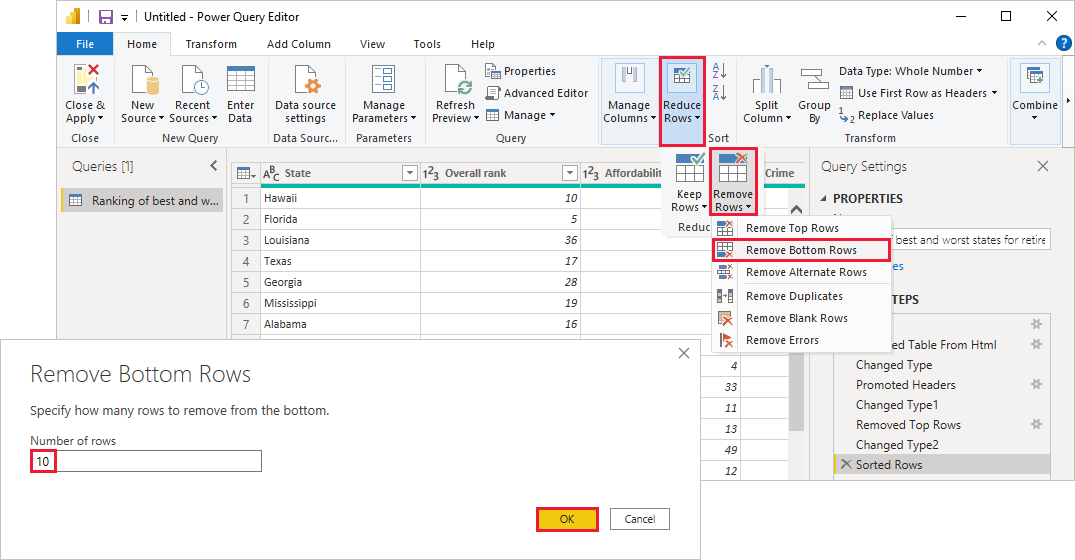 하위 행 제거 대화 상자를 보여 주는 Power BI Desktop의 스크린샷.