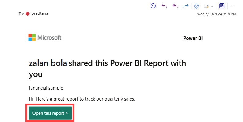 Power BI 링크가 있는 이메일의 스크린샷.