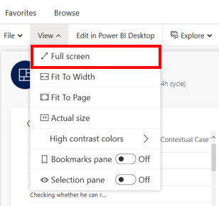 Power BI 보고서의 전체 화면 보기를 보여 주는 스크린샷.