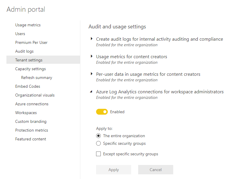 관리 포털의 테넌트 설정 스크린샷. 작업 영역 관리자를 위한 Azure Log Analytics 연결이 확장되고 활성화되어 있음.