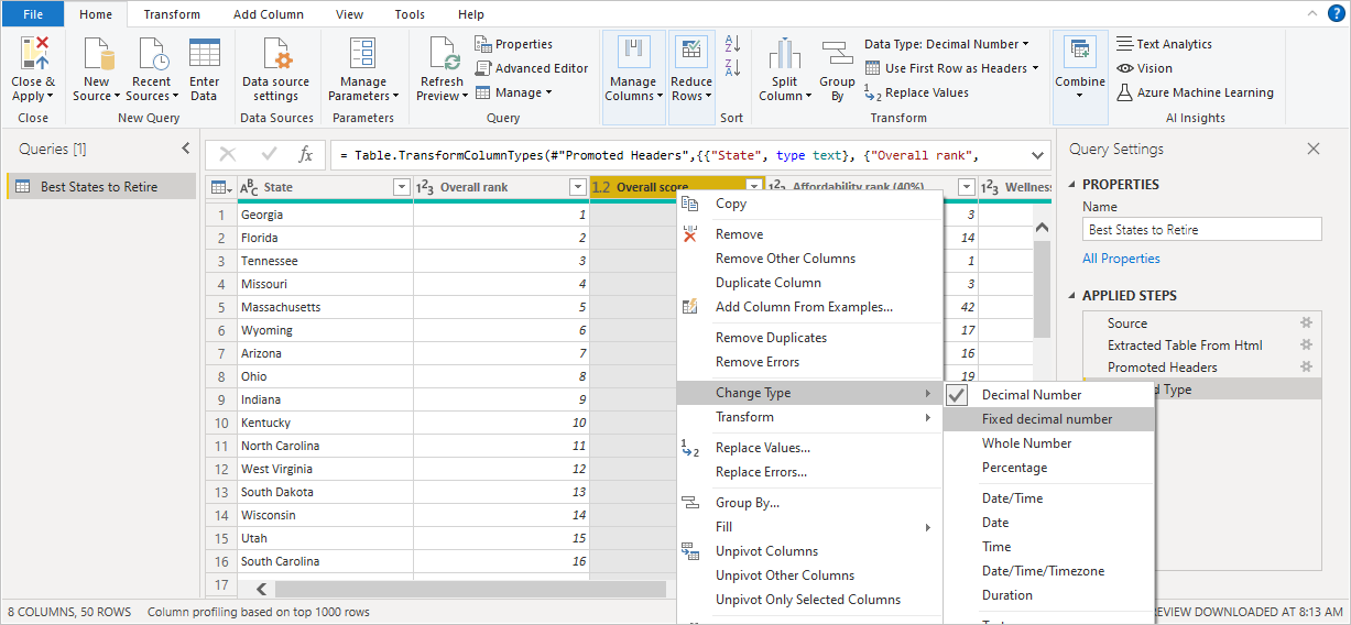 가운데 창의 데이터를 보여 주는 Power BI Desktop의 스크린샷.