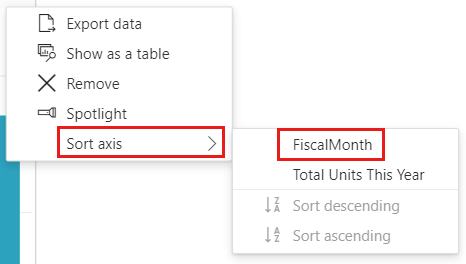 정렬 축 및 FiscalMonth로 확장된 줄임표 메뉴의 스크린샷