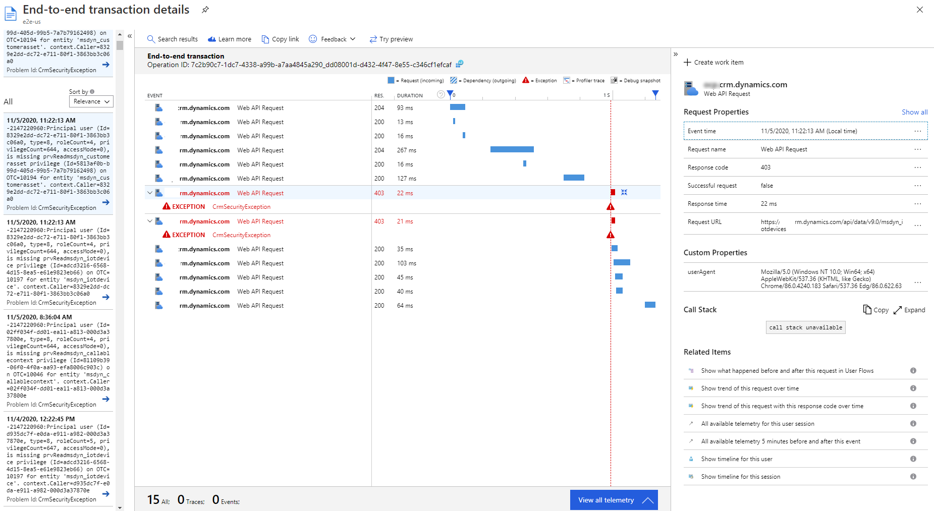 Application Insights 실패 세부 정보.