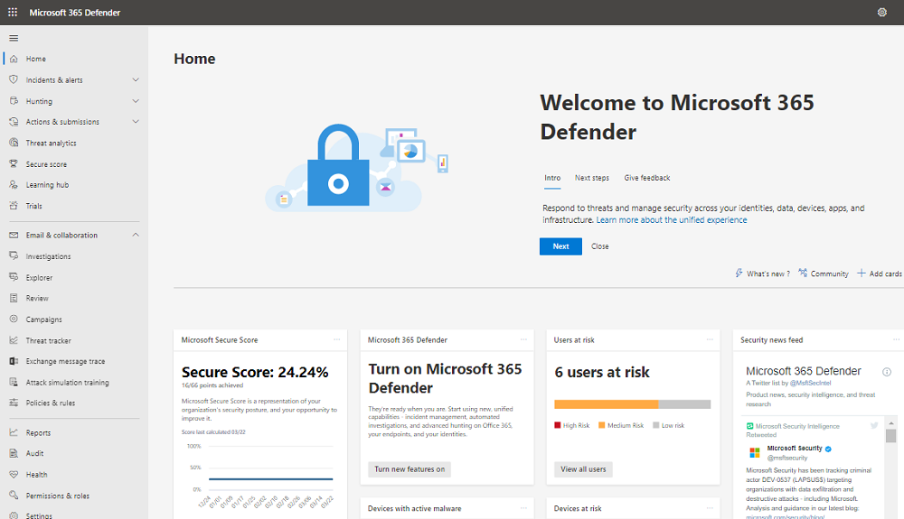 Microsoft 365 Defender 페이지입니다.