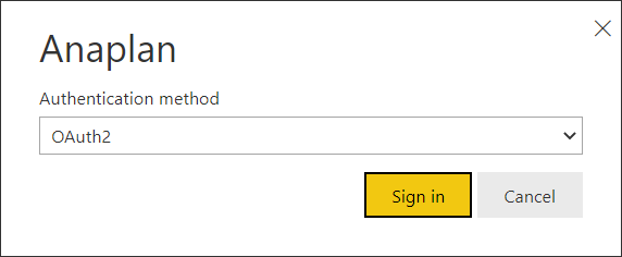 드롭다운 및 로그인 단추가 있는 Anaplan 인증 방법 대화 상자.