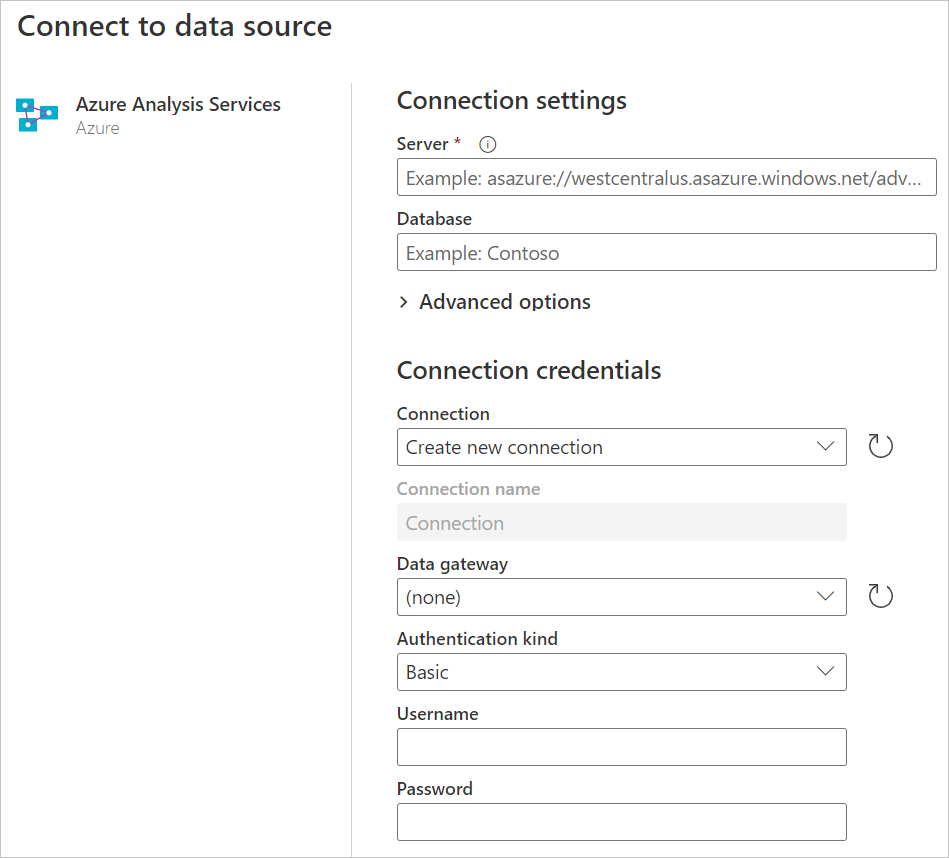 파워 쿼리 온라인의 Azure Analysis Services 데이터베이스 연결 작성기입니다.