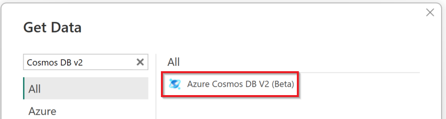 Azure Cosmos DB v2 선택 항목을 보여 주는 스크린샷