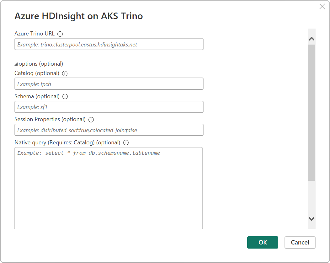 AKS Trino 연결 페이지의 Azure HDInsight 스크린샷