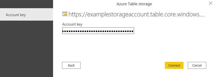 공간에 입력된 계정 키를 보여 주는 Azure Table Storage 대화 상자의 스크린샷