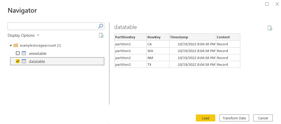 선택한 두 테이블 중 하나를 보여 주는 Azure Table Storage 탐색기의 스크린샷