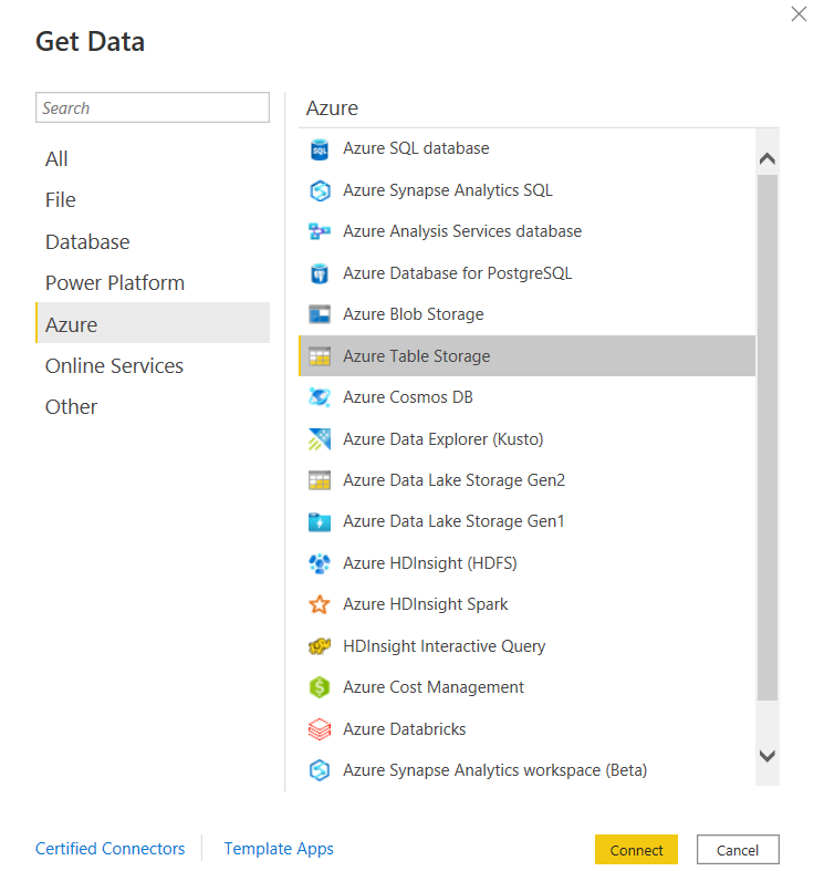 Azure Table Storage 데이터베이스 선택을 보여 주는 데이터 가져오기 대화 상자의 스크린샷.