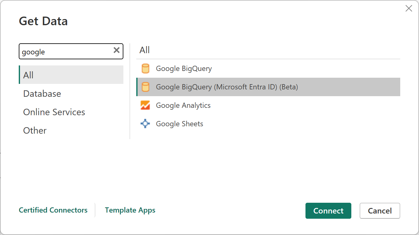 Google BigQuery(Microsoft Entra ID) 커넥터를 강조하여 데이터 가져오기 대화 상자가 있는 스크린샷