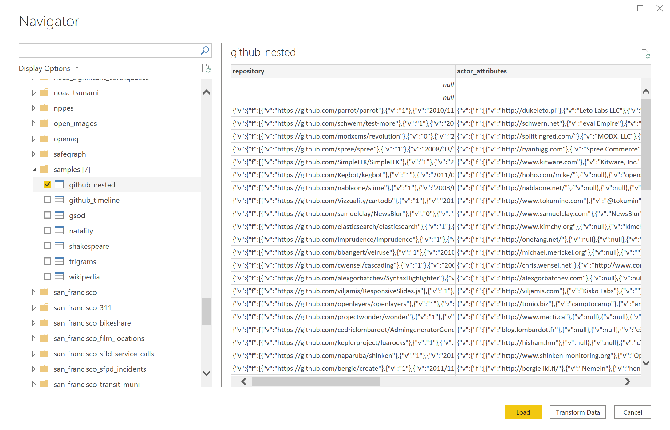 Google BigQuery 중첩 필드 지원.