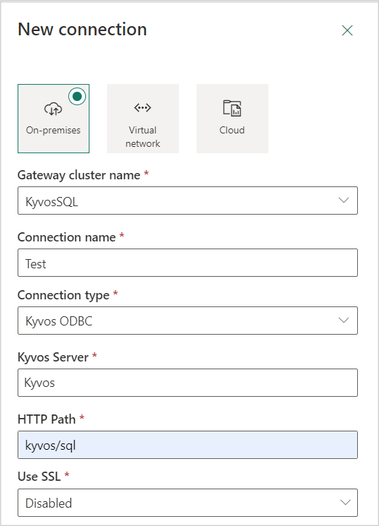 Kyvos ODBC 커넥터 선택을 보여 주는 NewConnection 대화 상자의 스크린샷