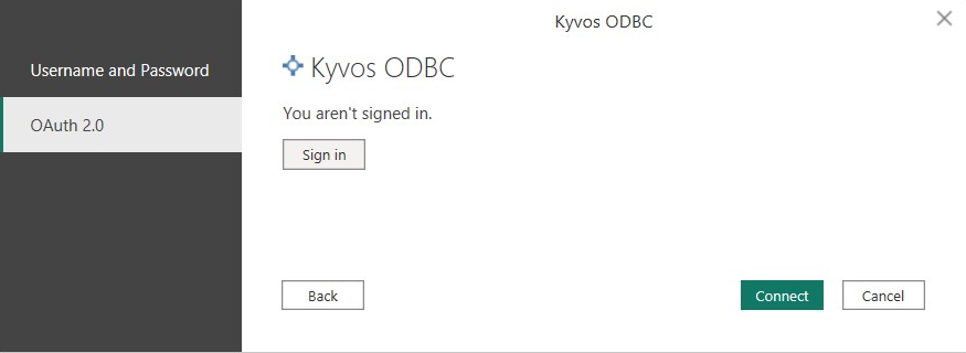 Kyvos ODBC 커넥터 선택을 보여 주는 OAuth2_0 스크린샷