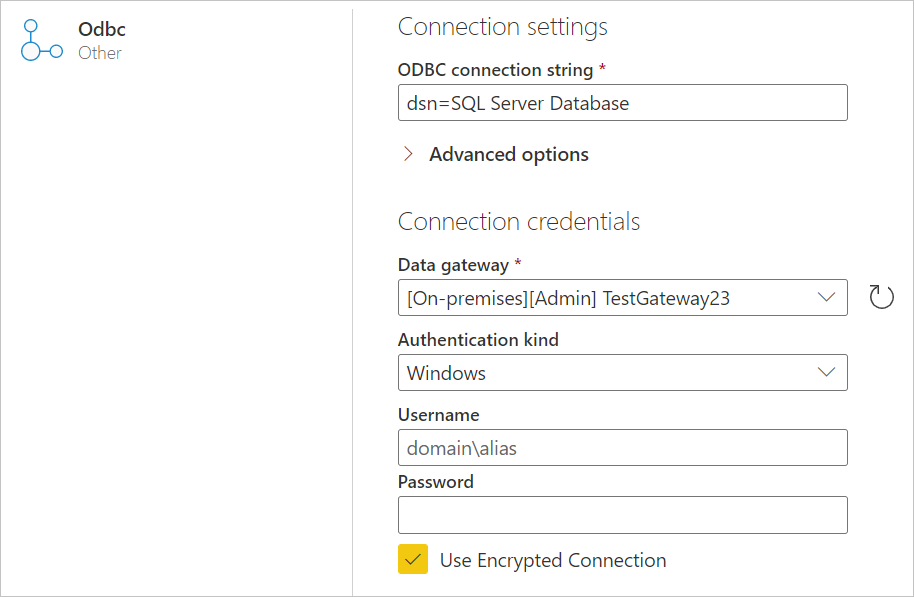 연결 문자열 SQL Server 데이터베이스로 설정된 ODBC 페이지 이미지