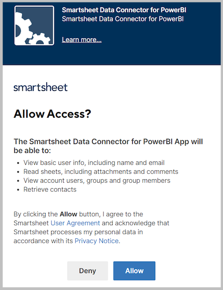 커넥터가 Smartsheet에 액세스할 수 있도록 허용하는 액세스 허용 창의 스크린샷