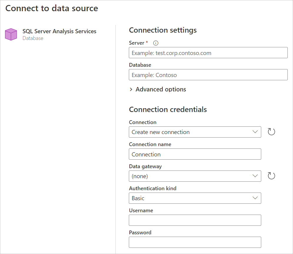 파워 쿼리 온라인의 SQL Server Analysis Services 데이터베이스 연결 작성기입니다.