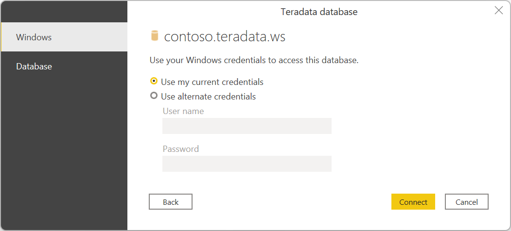 Teradata 데이터베이스 자격 증명을 입력합니다.