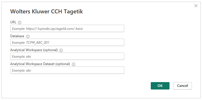 Wolters Kluwer CCH Tagetik 커넥터 매개 변수 대화 상자의 스크린샷.