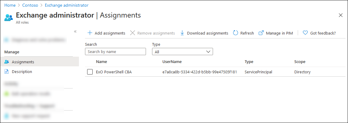 Exchange Online PowerShell에 대한 역할에 앱을 추가하기 위한 역할 할당 페이지.