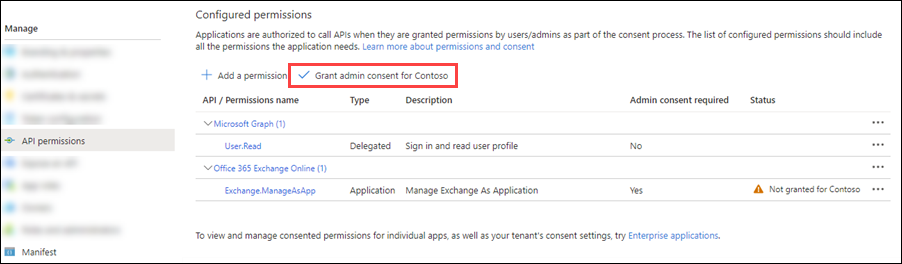 Exchange.ManageAsApp 권한에는 관리자 동의가 필요하지만 부여되지 않았습니다.