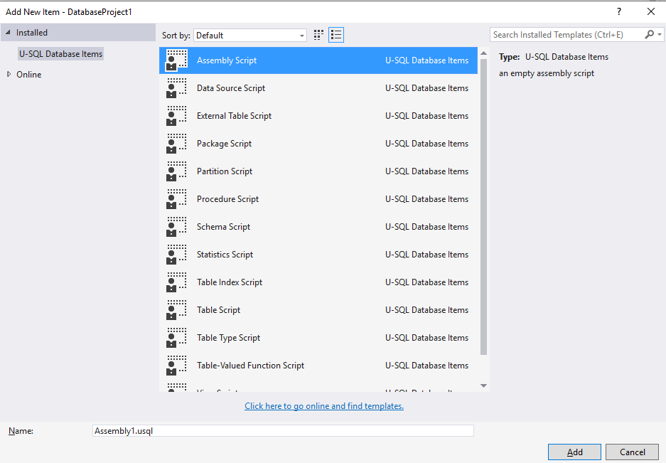 Data Lake Tools for Visual Studio - 어셈블리 스크립트 추가