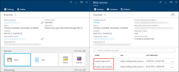 Blob 옵션이 선택되고 Blob 서비스 블레이드에서 2개의 Blob 서비스 이름이 강조 표시된 Data Lake Storage Gen 1 블레이드의 스크린샷.