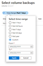 백업 선택 블레이드에서 시간 범위를 선택하는 것을 보여 주는 스크린샷