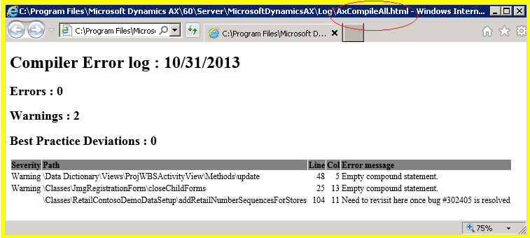 Display of AxCompileAll.html log file