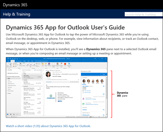 Outlook용 Dynamics 365 앱 사용자 가이드 페이지