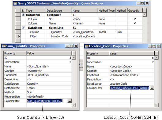 Query example showing column filters