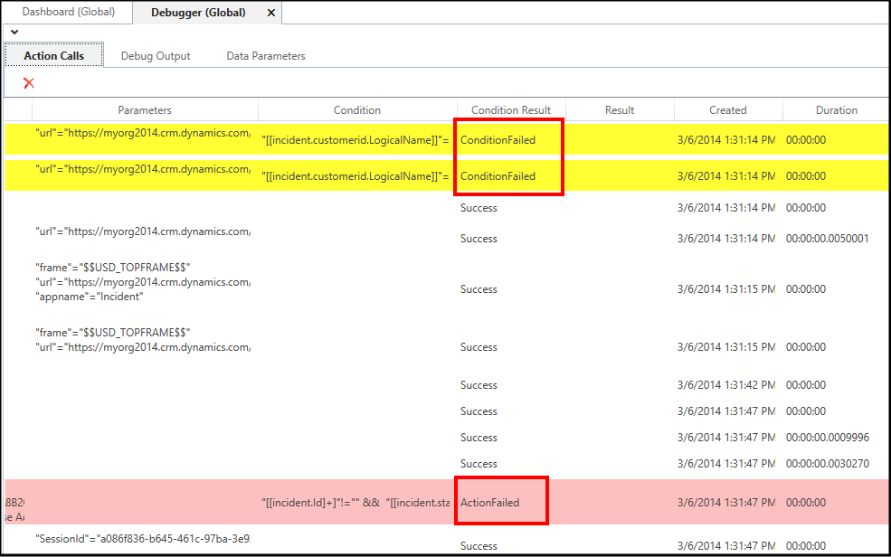 Debugger action calls issues