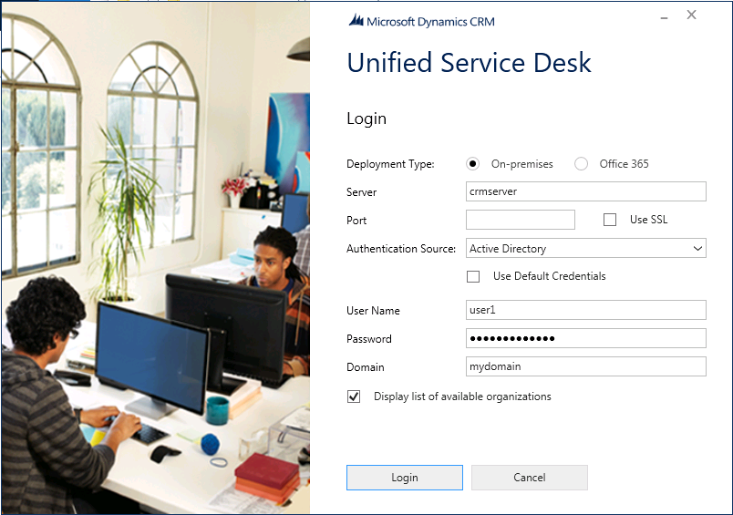 Unified Service Desk 클라이언트 로그인 화면