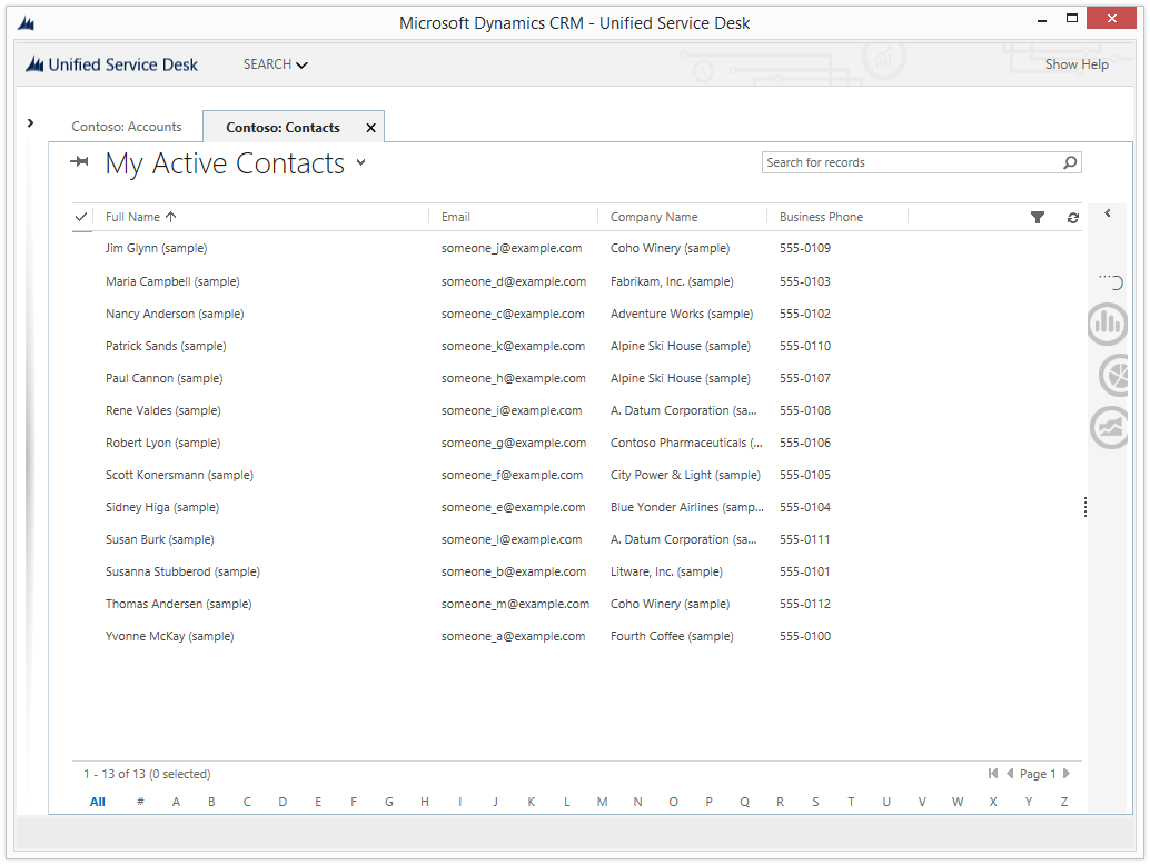 Dynamics 365 연락처 레코드가 표시됨